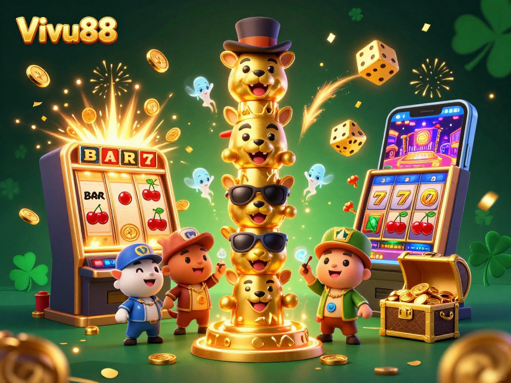 Experience the excitement of Vivu88's vibrant casino games with animated golden totem, jackpots, and more.