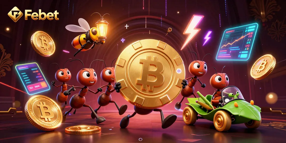 Experience thrilling gaming adventures at Febet with ants carrying a massive poker chip amidst coins and tech.
