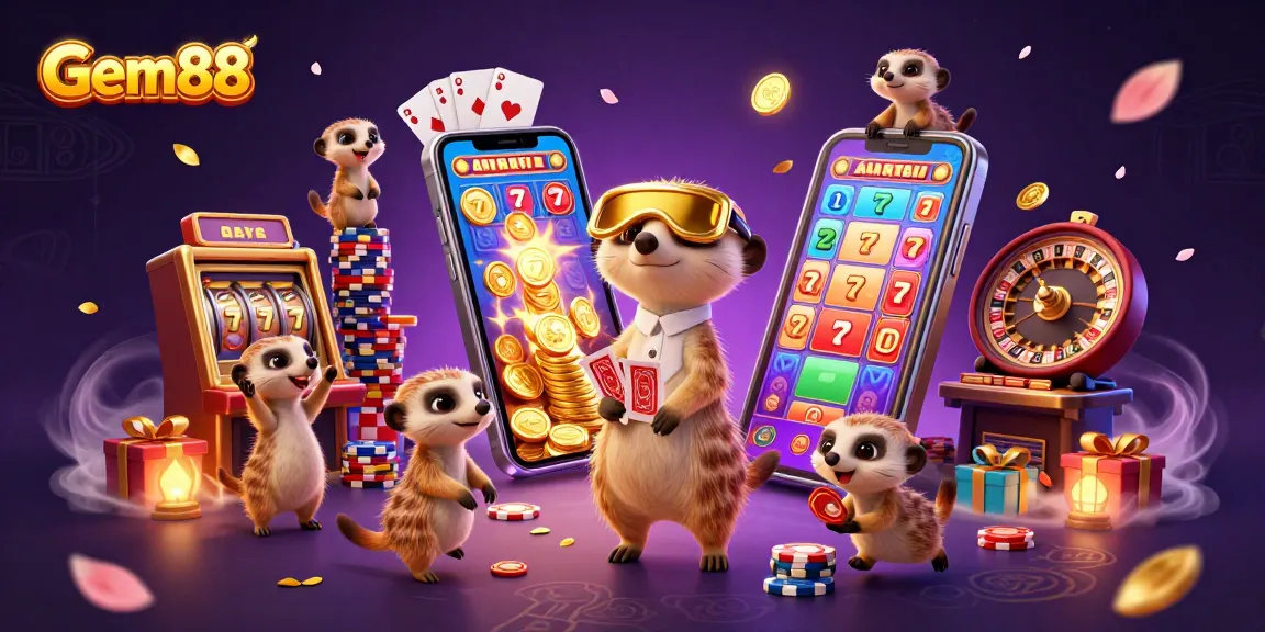 Gem88 showcases meerkats managing a vibrant casino scene filled with slot games and rich decorations.