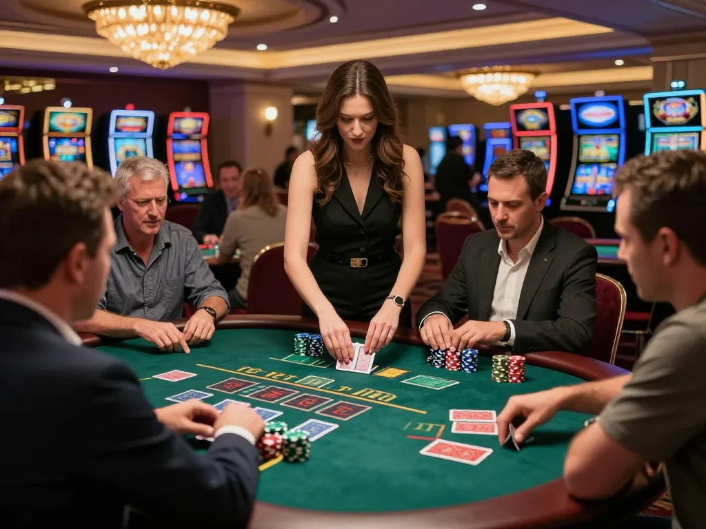 Engaging gameplay at LODE88 blackjack table with dealer and players demonstrating excitement and strategic bets