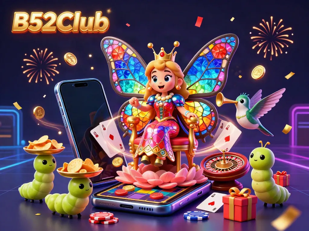 Experience the thrill of B52Club with a vibrant 3D casino scene featuring a butterfly queen and slot game elements.
