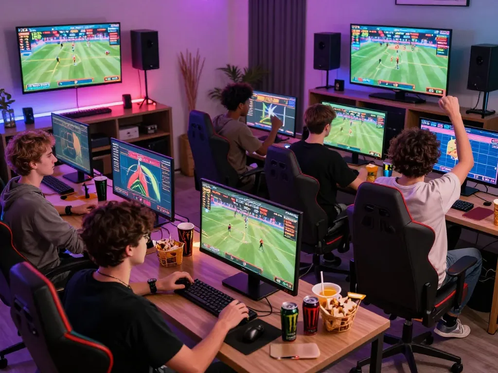 Young adults immersed in DA88 online sports betting environment with vibrant screens and snacks.