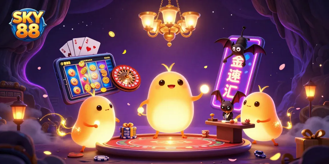 SKY 88 shines as glowworms illuminate a cave casino filled with vibrant games and excitement.