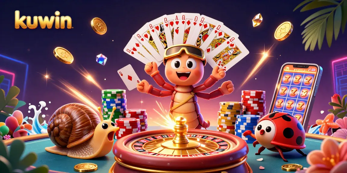 Kuwin casino scene with a millipede dealer, snail high-roller, and vibrant game elements creating excitement.
