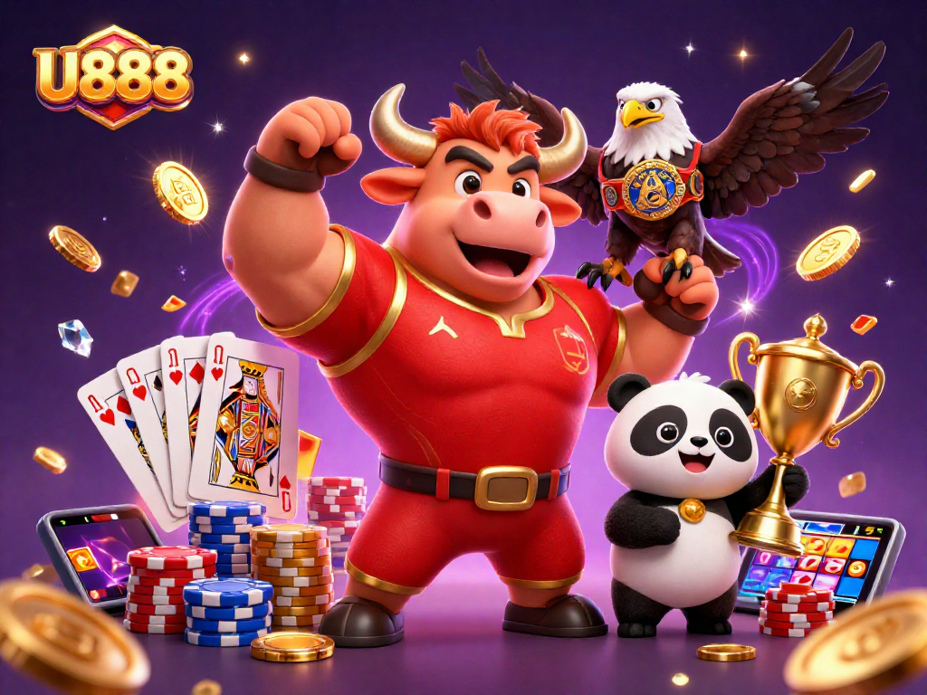Engage with U888's festive 3D casino scene showcasing a victorious bull, eagle, and trophy-holding panda.