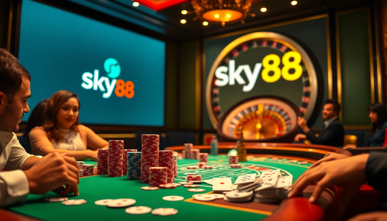Sky88 casino table scene with strong poker players engaged in thrilling gameplay.