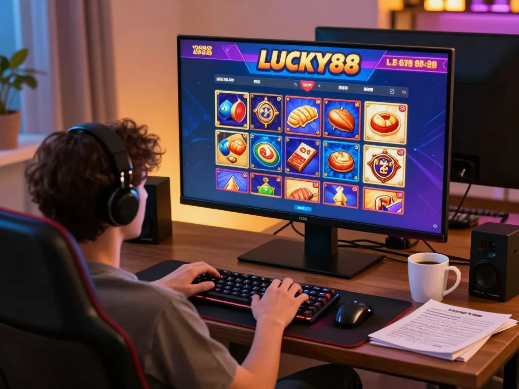 LUCKY88 online gaming setup with vibrant casino interface and cozy atmosphere for strategic betting