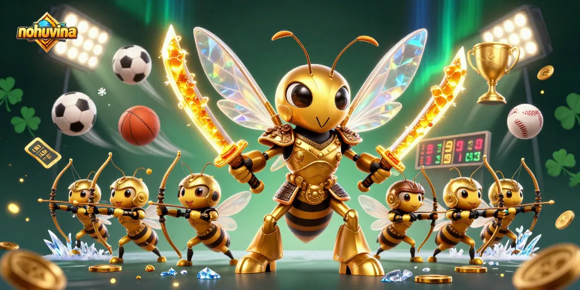 Nohuvina sports betting adventure with a golden hornet and bee archers, immersive 3D illustration.