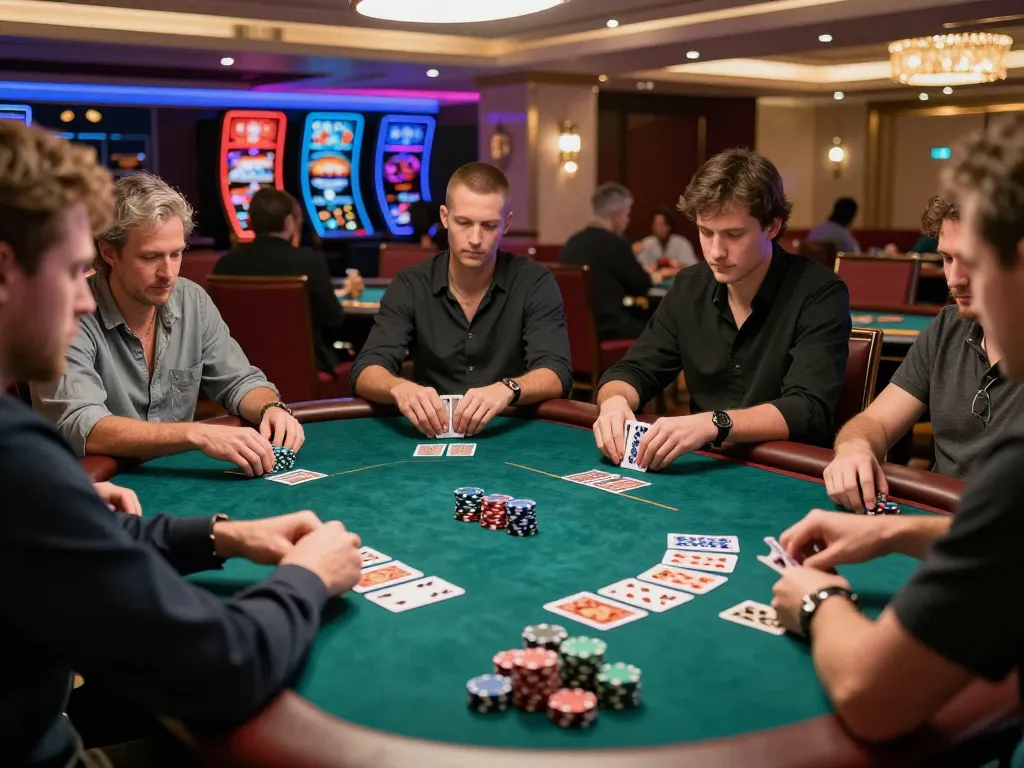 Players strategizing in an exciting QQ88 poker game at a dazzling casino, capturing the thrill of high stakes