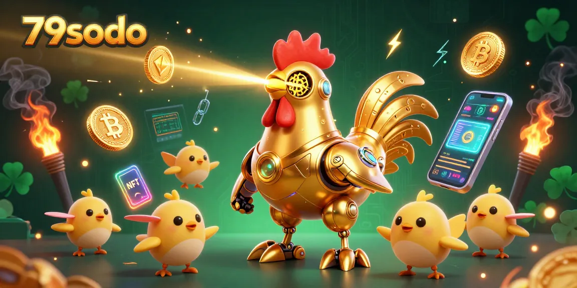 Engage with 79sodo's vibrant gaming universe featuring a golden rooster robot and crypto elements.