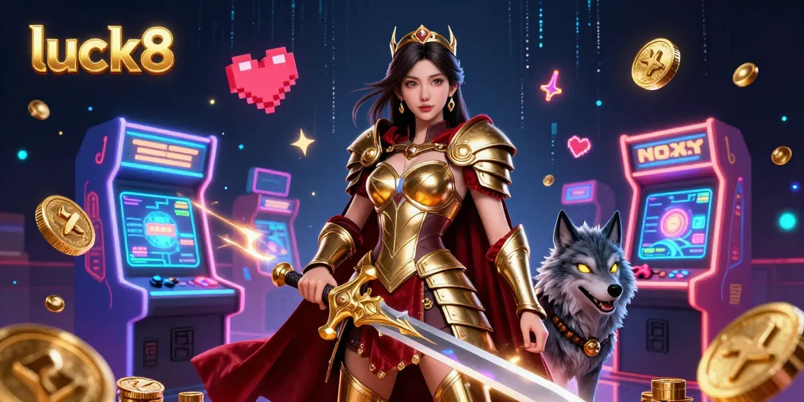 Engage in exciting gameplay at luck8 with stunning 3D characters, arcade machines, and glowing casino elements in a vibrant scene.