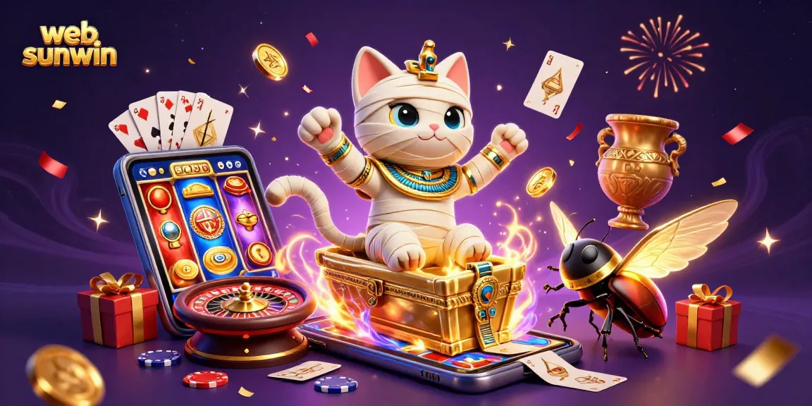 Experience thrilling wins at web sunwin with a 3D illustration of a mummy cat in a vibrant casino.