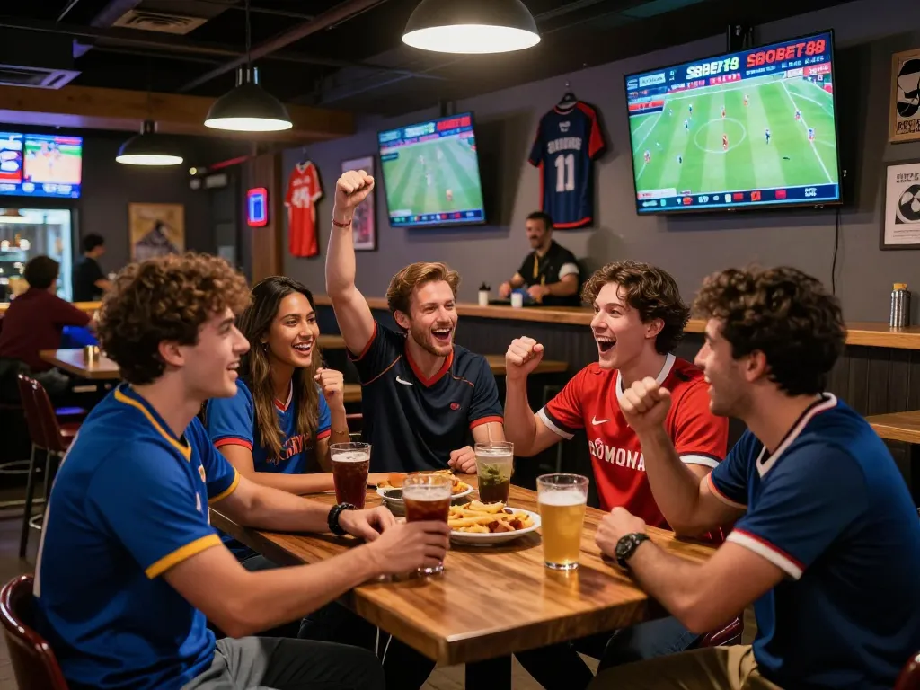 Group enjoying live SBOBET88 betting experience at a vibrant sports bar.