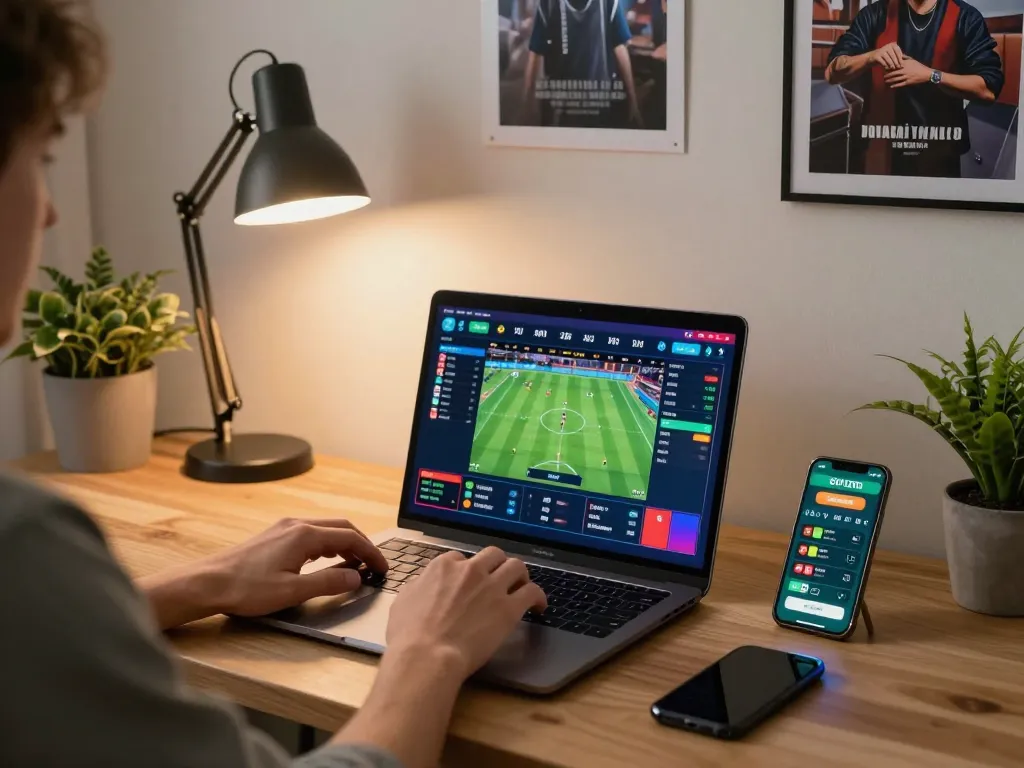 j188 online sports betting enthusiast engaging with live odds interface on laptop