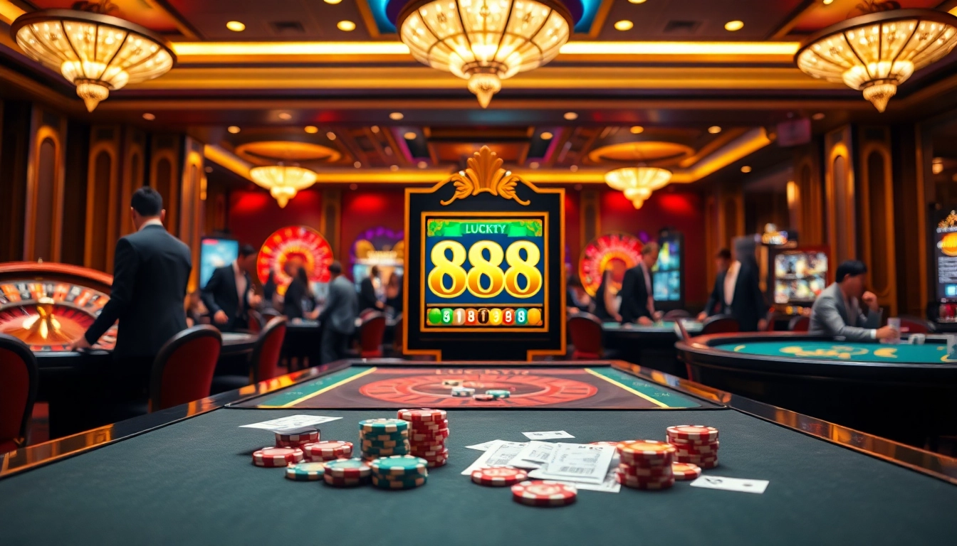 Players enjoying an exciting LUCKY88 slot experience in a luxurious casino setting.