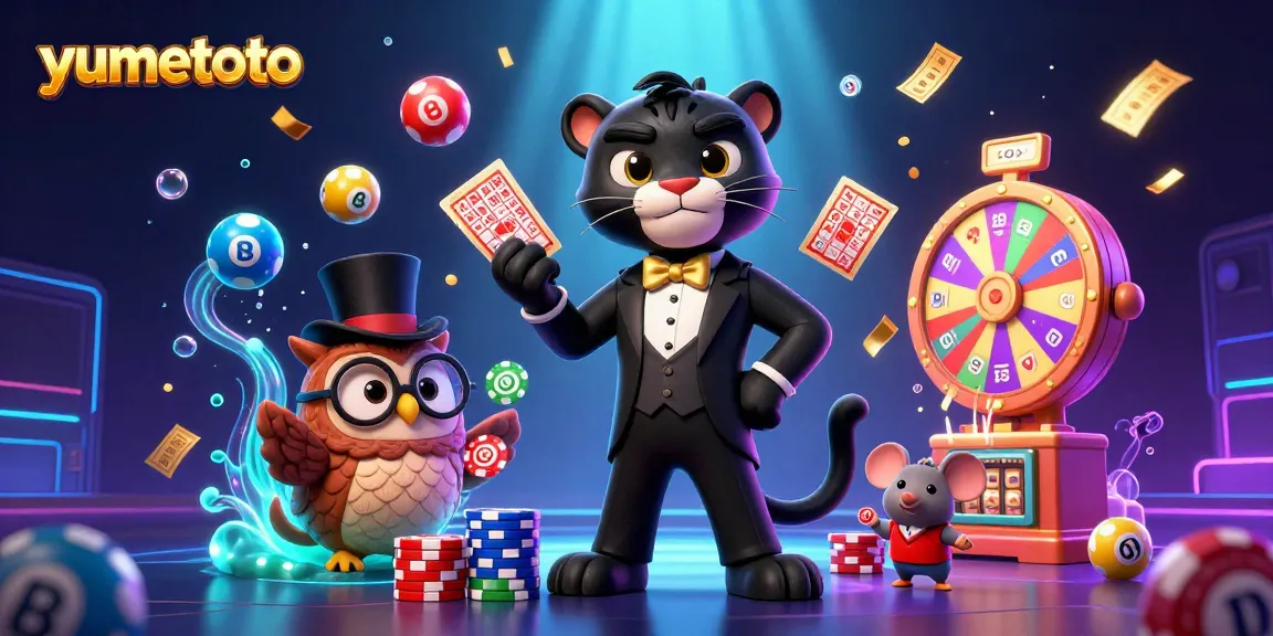 Play lottery with yumetoto featuring a playful panther, owl, and mouse amid vibrant lottery elements.