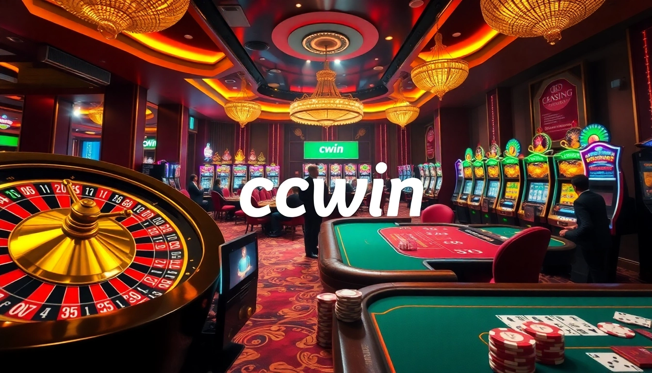 Engaging players in a luxurious casino featuring cwin betting elements like poker tables and slot machines.