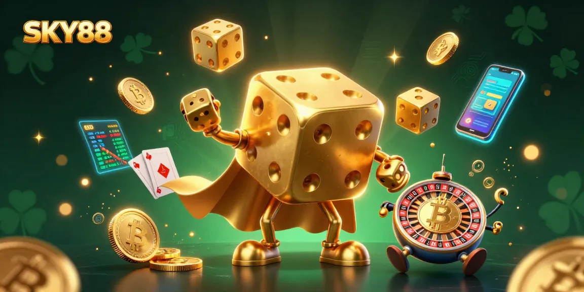 Engage with SKY88 in an animated 3D casino scene featuring golden dice and crypto elements.