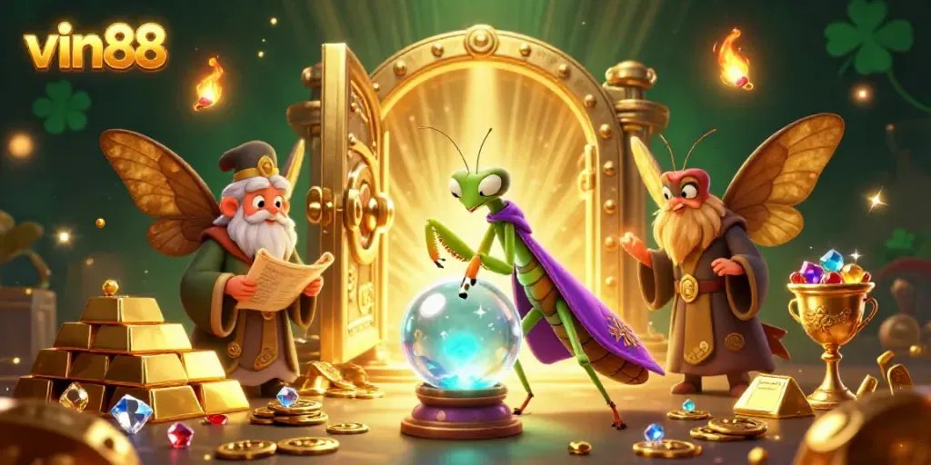 Experience the excitement of vin88 with a mystical fortune teller and treasures illuminated in a vibrant casino scene.
