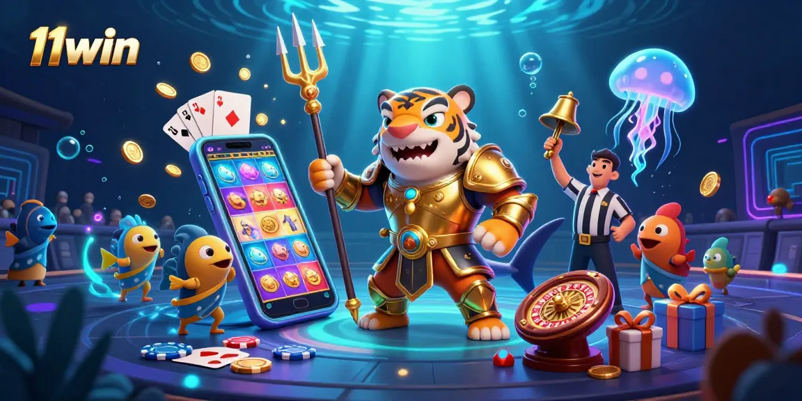 Witness the action of 11win: A fierce shark in gladiator armor dominates an underwater casino scene with vibrant games.
