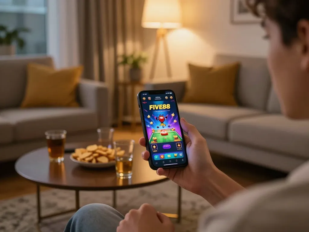 Player enjoying a thrilling session on the FIVE88 casino app while relaxing at home