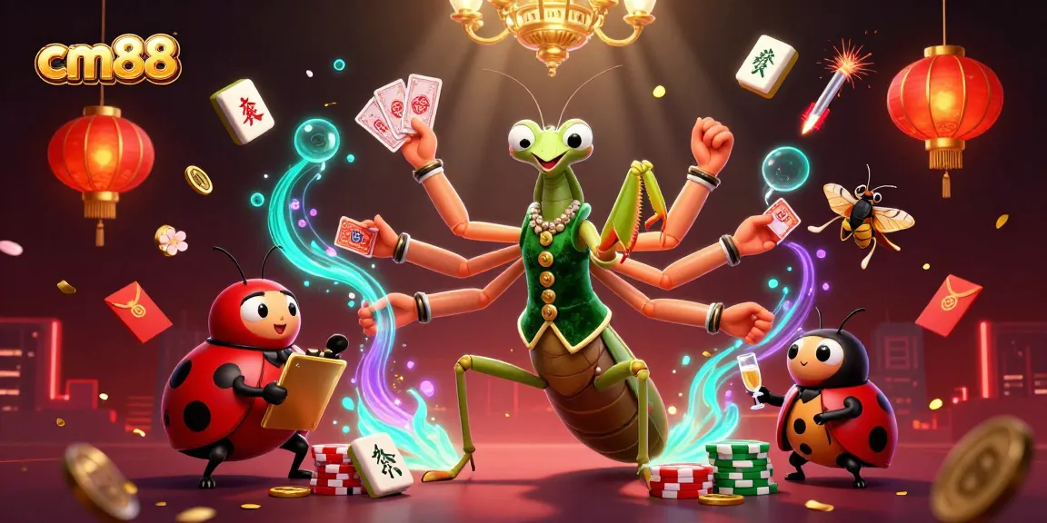 Experience thrilling gameplay with cm88 in a vibrant 3D casino scene showcasing a giant praying mantis and ladybug pit boss.