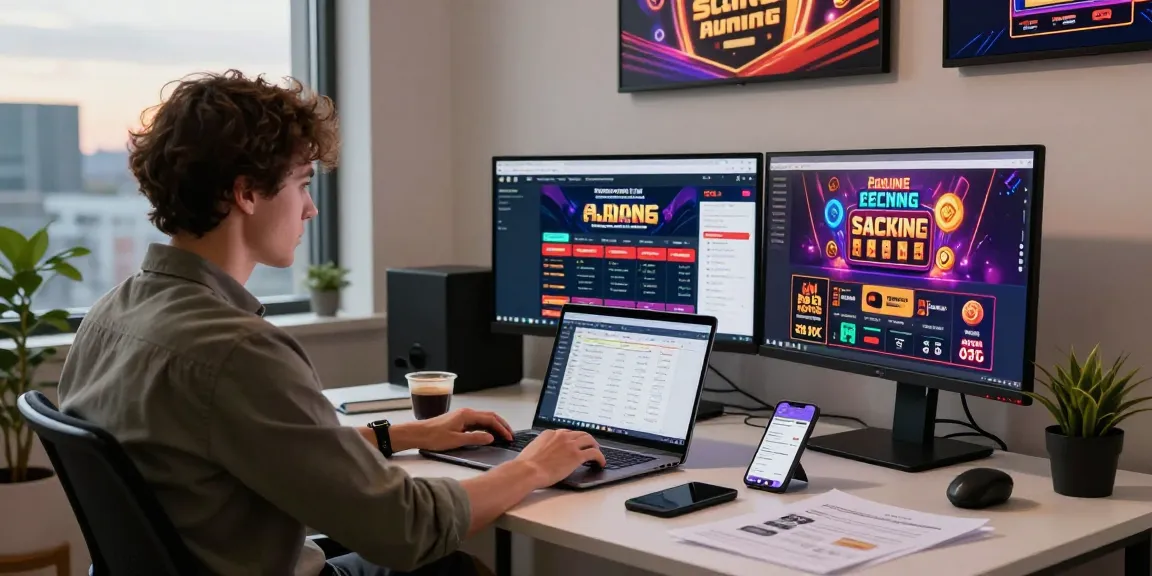 Strategic digital marketer analyzing uk casino backlinks in home office