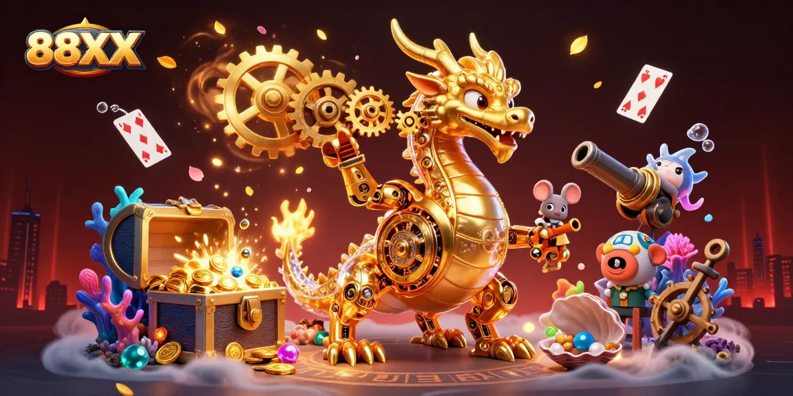 Experience the thrill of 88XX with a golden dragon and treasure in this vibrant scene.