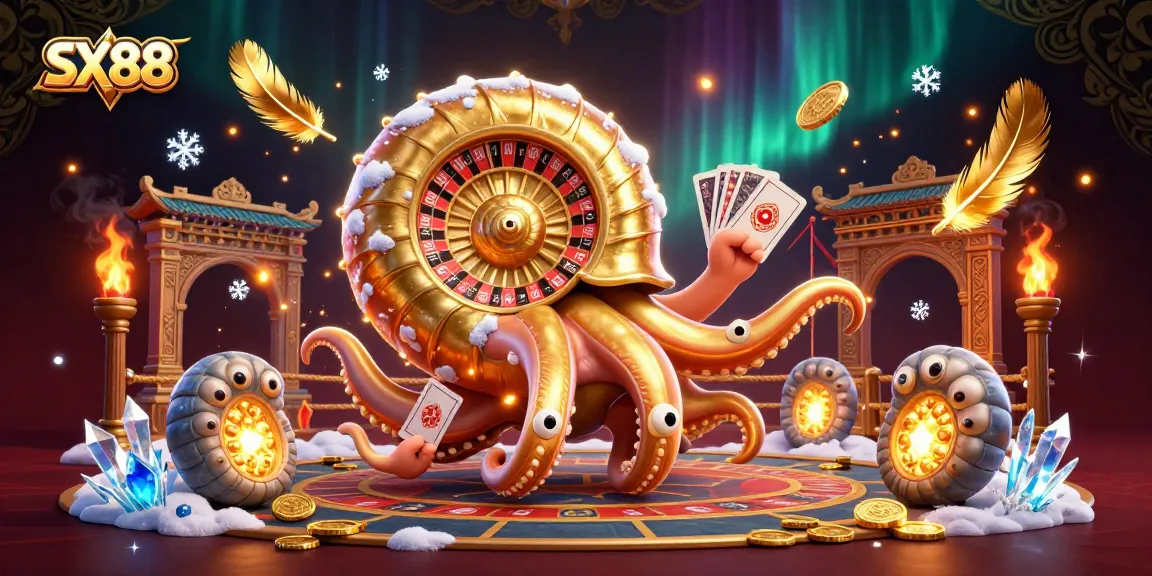 SX88 enthusiasts enjoying roulette with a giant nautilus and glowing ammonite companions in a vibrant casino setting.