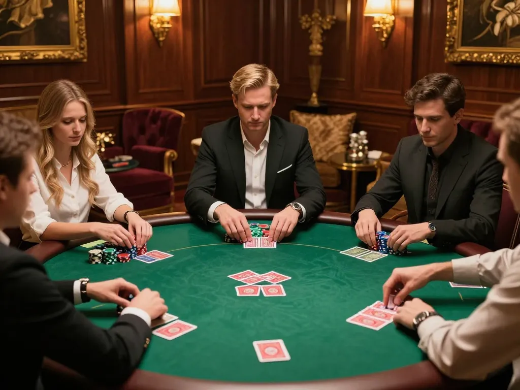 lc888 players strategizing over poker hands in an upscale casino environment