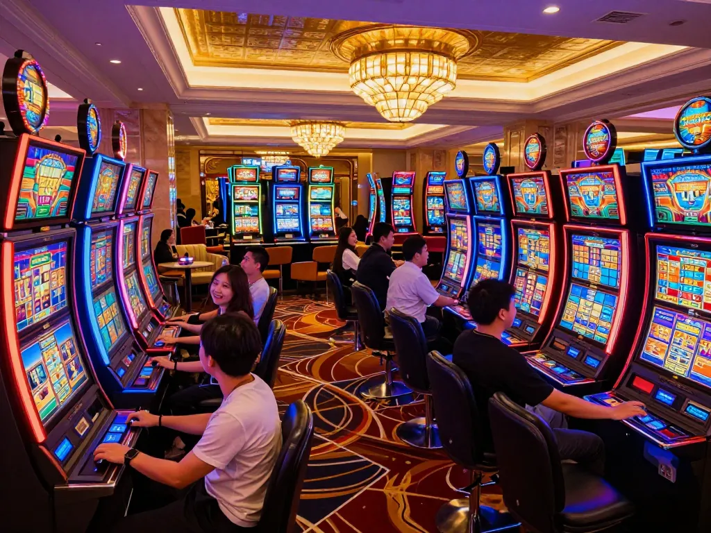 Players excitedly engaging with slot machines at LC88 casino, celebrating wins amidst vibrant lights.