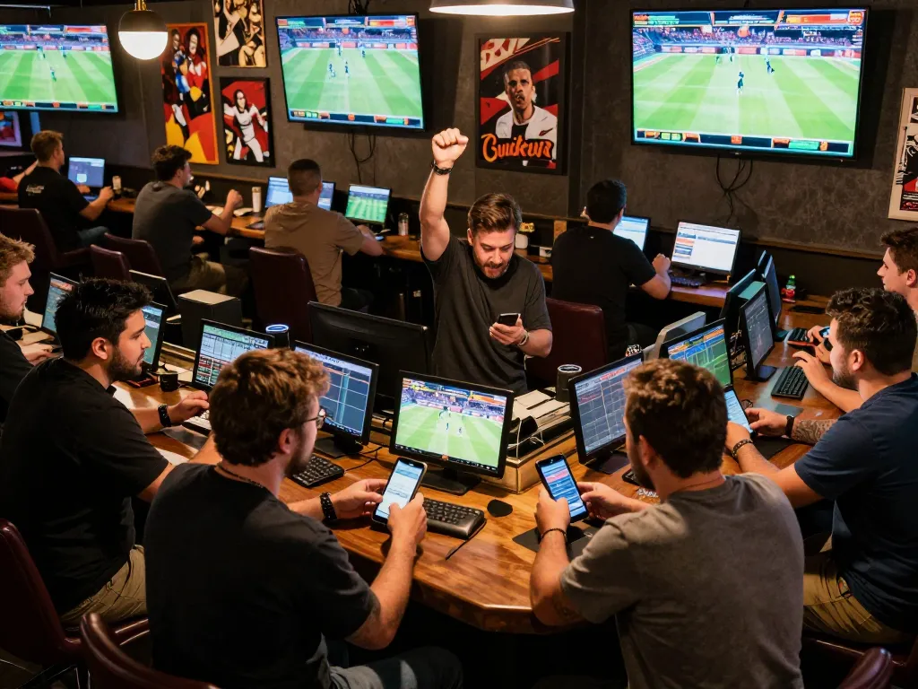 Engaged bettors placing wagers at SKY88, surrounded by live sporting screens in a vibrant setting.