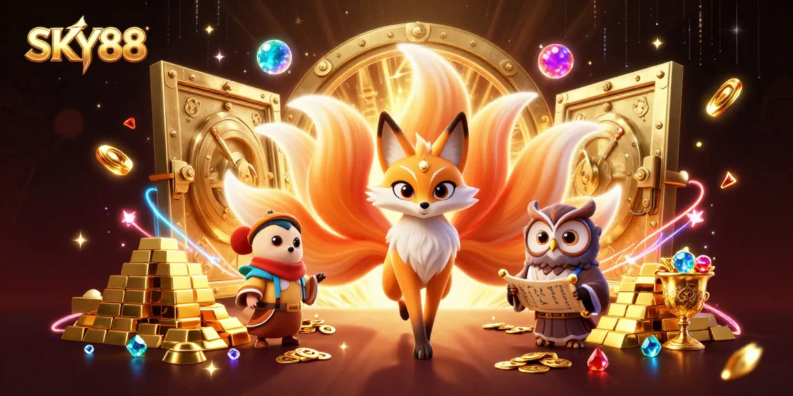 Experience the thrilling gaming atmosphere of SKY88 with a vibrant nine-tailed fox and wise owl in an enchanting casino setting.