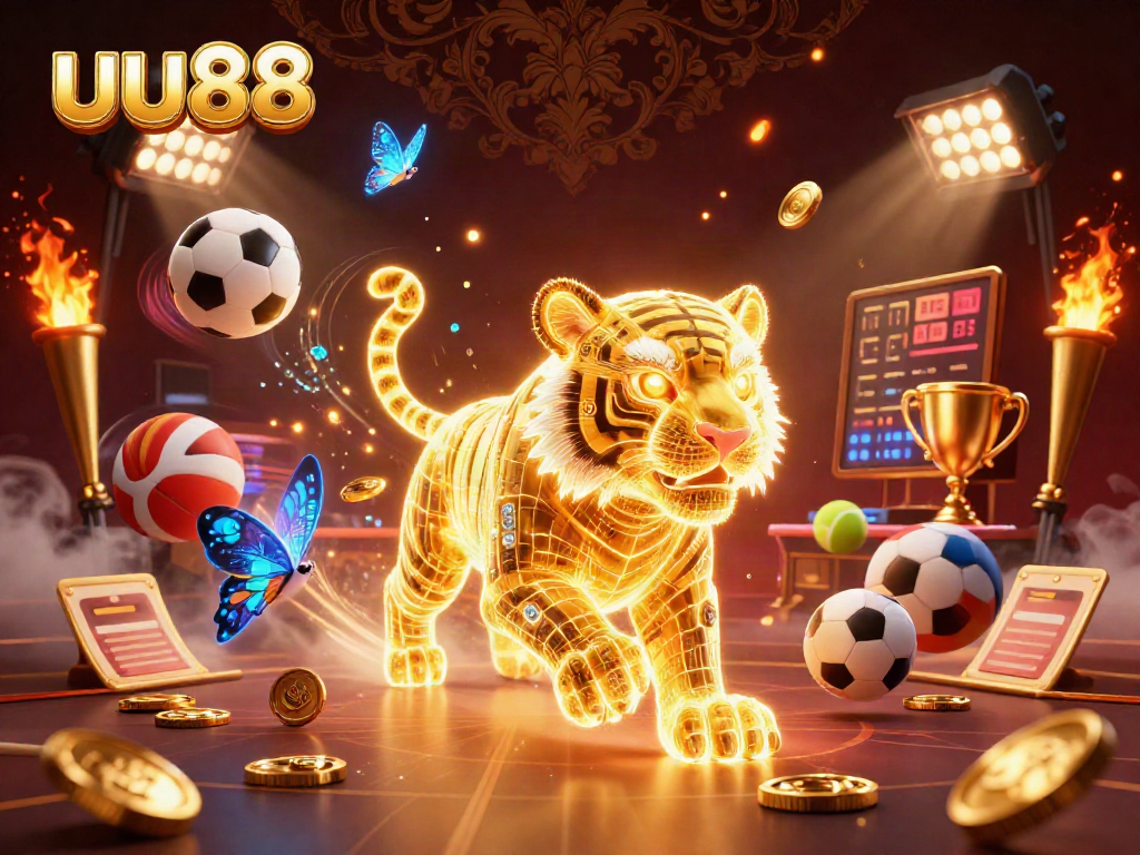 uu88 showcases a neon-wireframe tiger in a vibrant casino scene with dynamic sports elements.