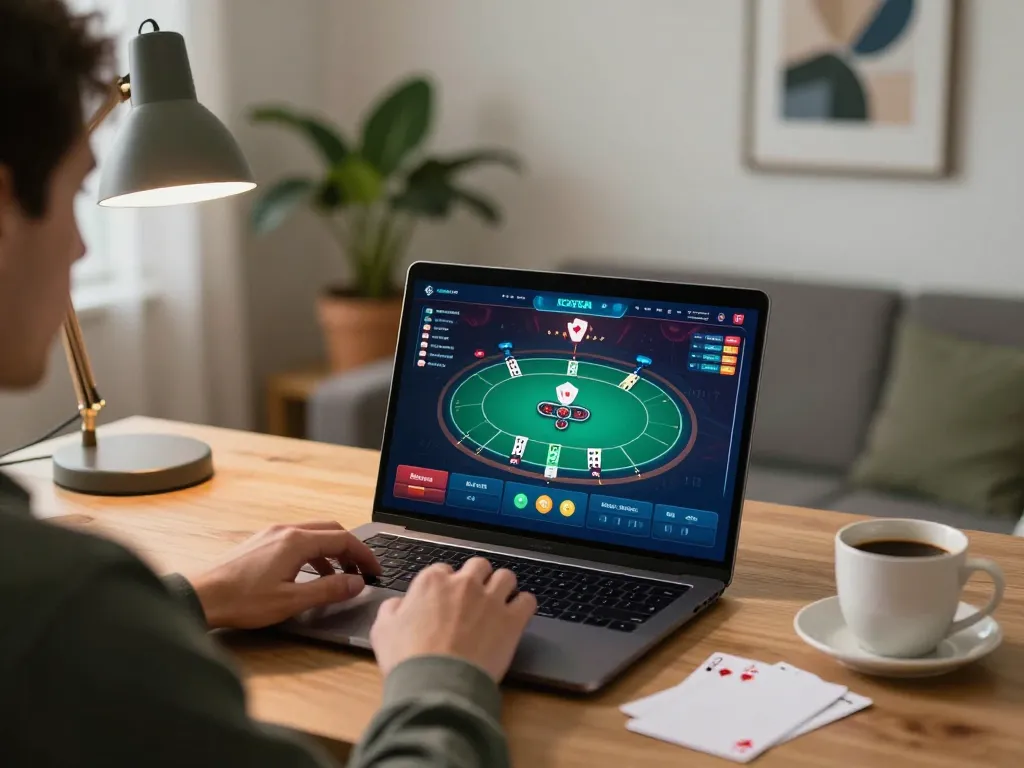 Player enjoying a strategic poker game on 888newcasino com at home, showcasing responsible gaming.