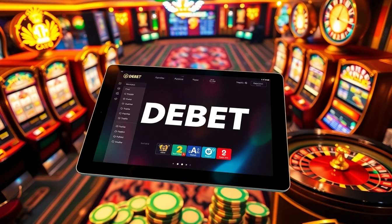 DEBET online gambling interface surrounded by vibrant casino elements like poker chips and roulette wheels.