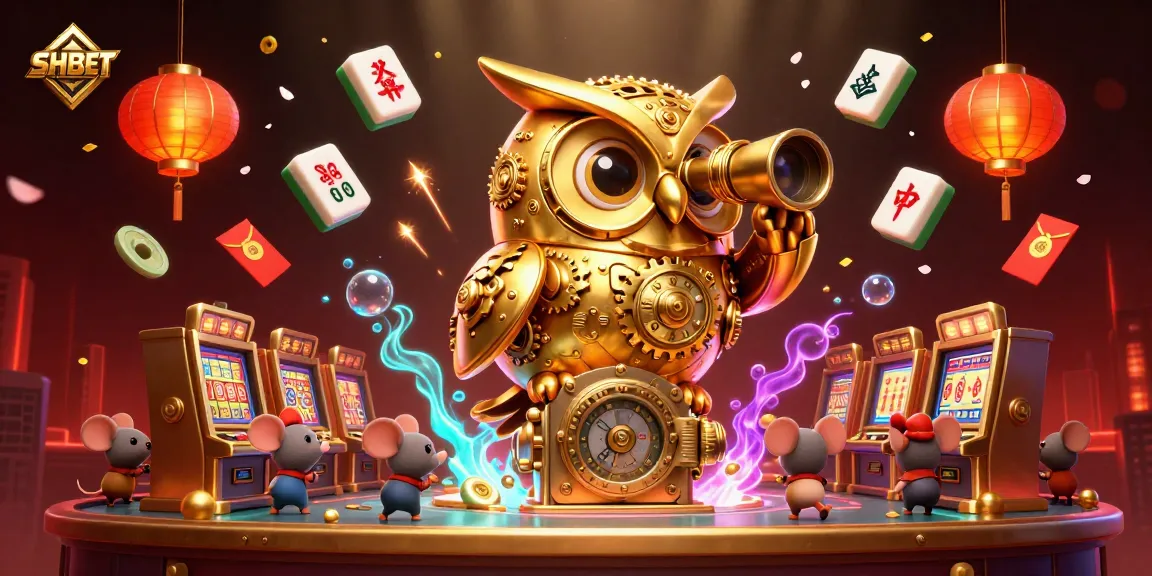 Experience the thrills of SHBET as a giant clockwork owl oversees dynamic gaming excitement in a 3D casino.