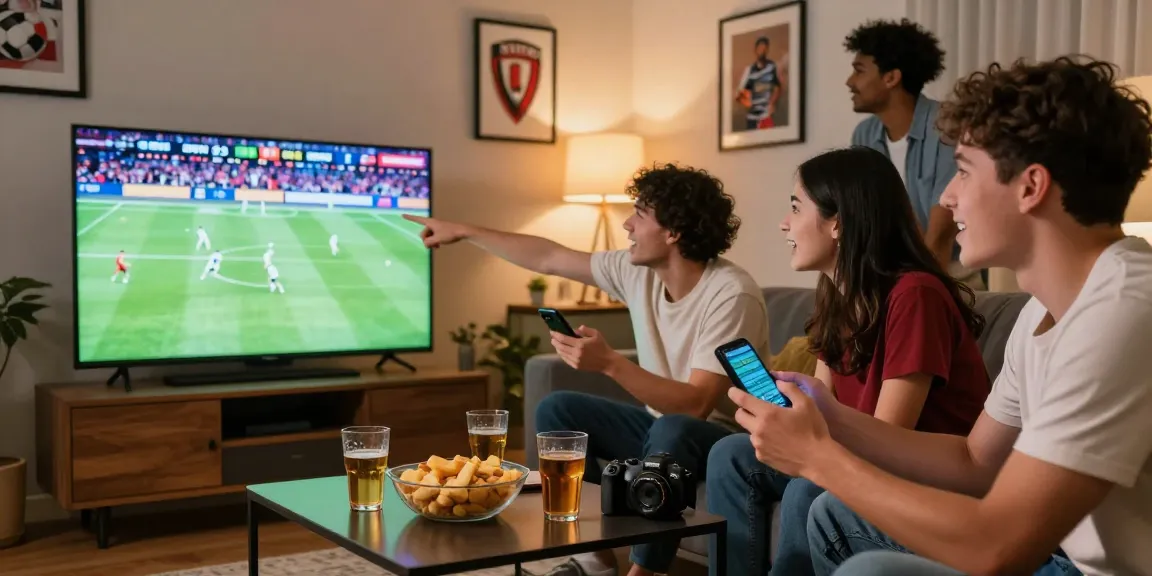 Exciting live sports betting scene with friends enjoying BetLabel's offerings in a cozy living room.
