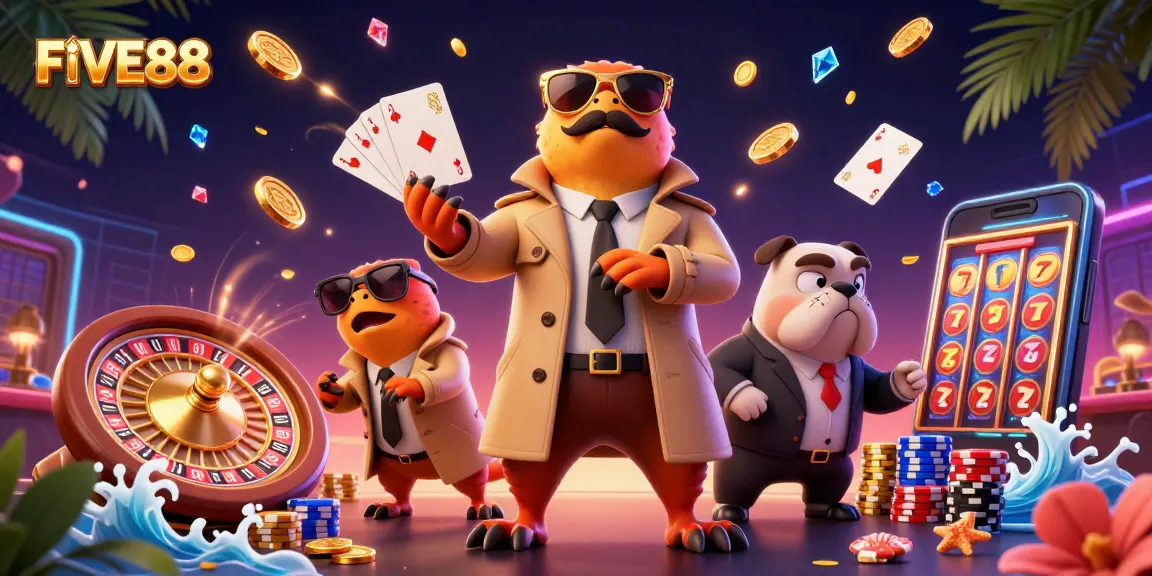 Engage with FIVE88's vibrant VIP casino scene featuring raptors and dynamic game elements.