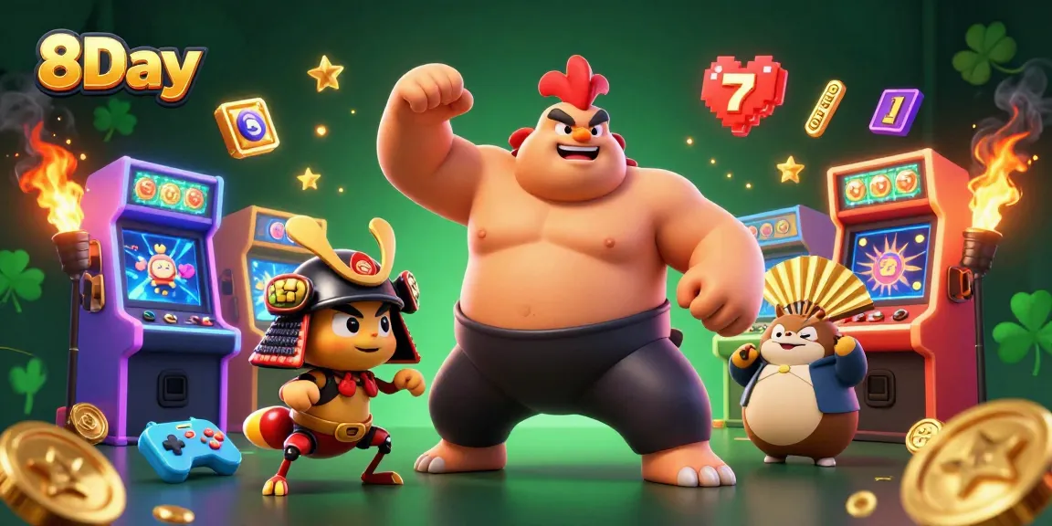 Experience the excitement of 8Day with a dynamic sumo rooster and neon casino elements.
