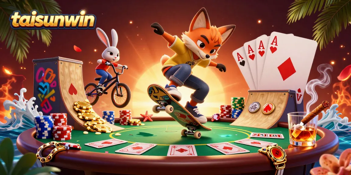 Engage with taisunwin as a skateboarder fox performs tricks amid vibrant casino symbols and poker chips.