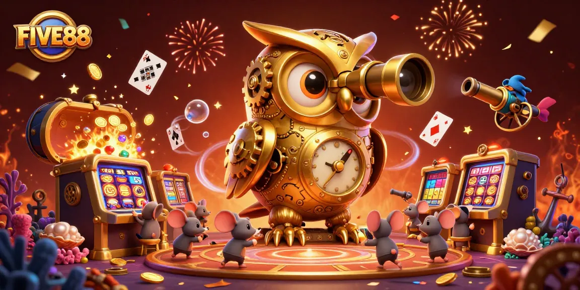Experience the excitement at FIVE88's lavish casino, featuring unique characters and dynamic game elements.