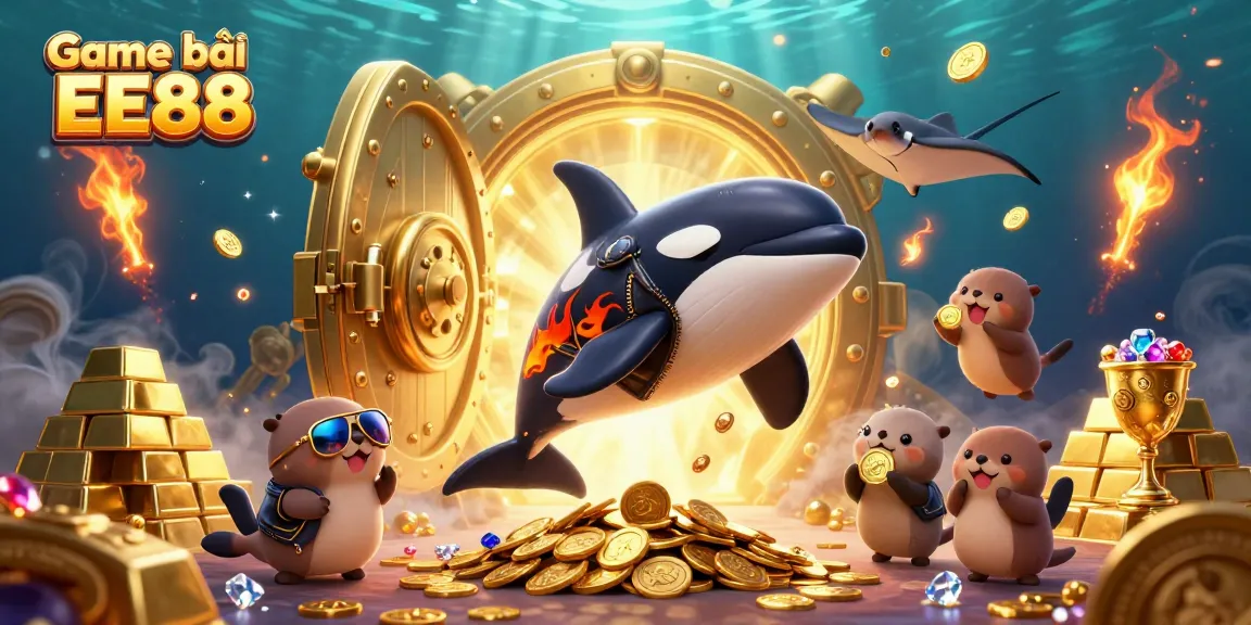 Experience the thrill of Game bài EE88 with exciting sea creatures celebrating in a gold treasure scene.