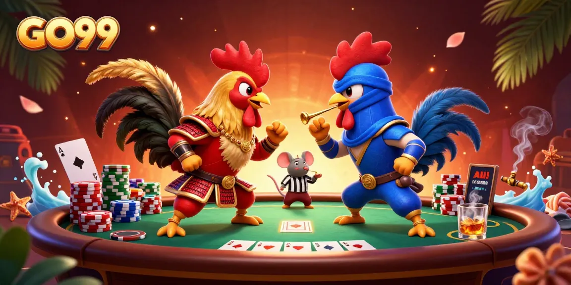 Experience the thrill of GO99 with a dramatic rooster battle scene surrounded by poker elements.