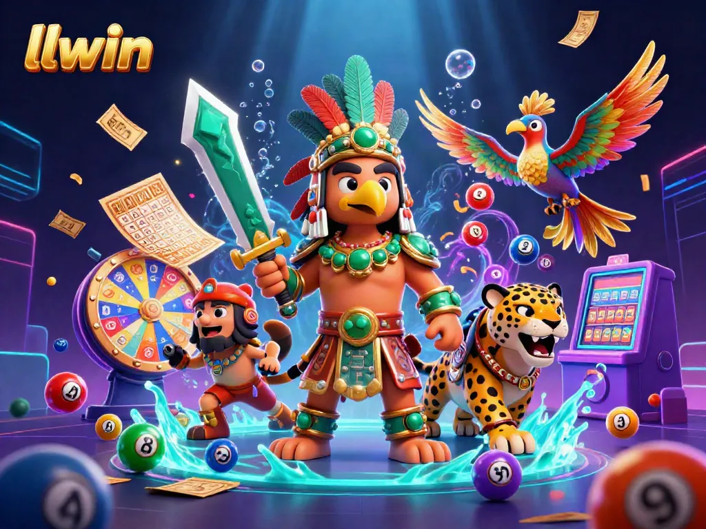 Experience the thrill of llwin with colorful lottery elements and Aztec warriors in a dynamic casino illustration.