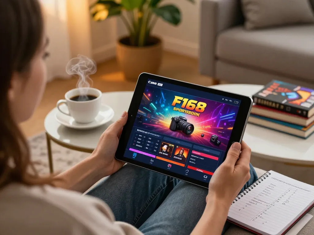 F168 online casino gaming scene with player using tablet for sports betting in a cozy home environment