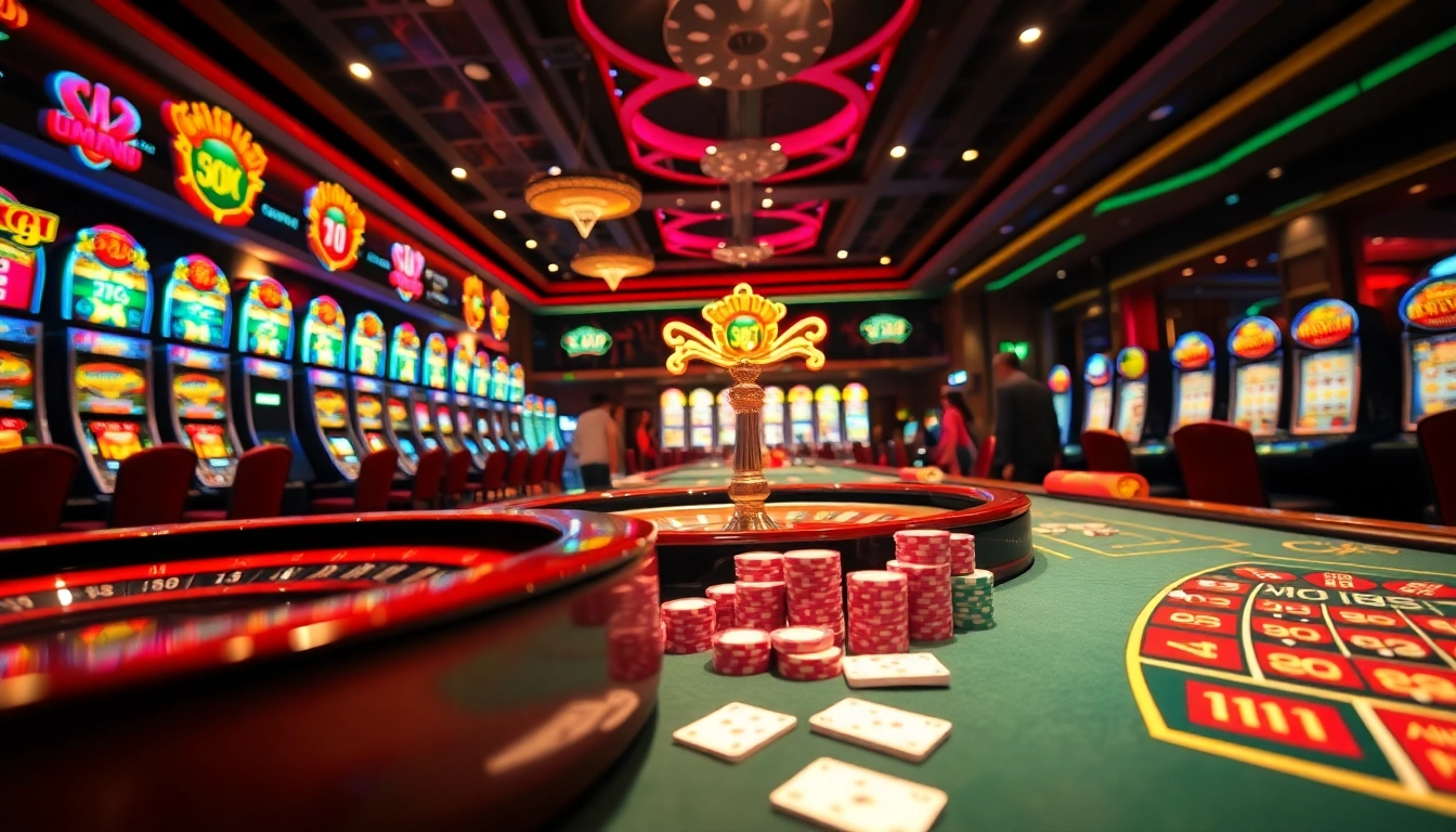 Experience the thrill at nhà cái mmoo with an exciting casino scene showcasing vibrant slot machines and gaming tables.