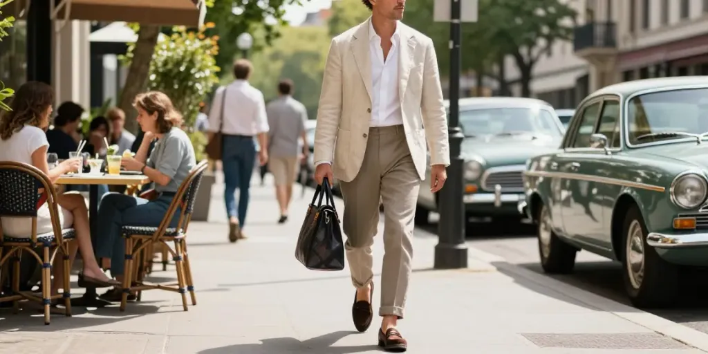 Stylish man in men's classic clothing enjoying summer with tailored outfit and urban scenery.