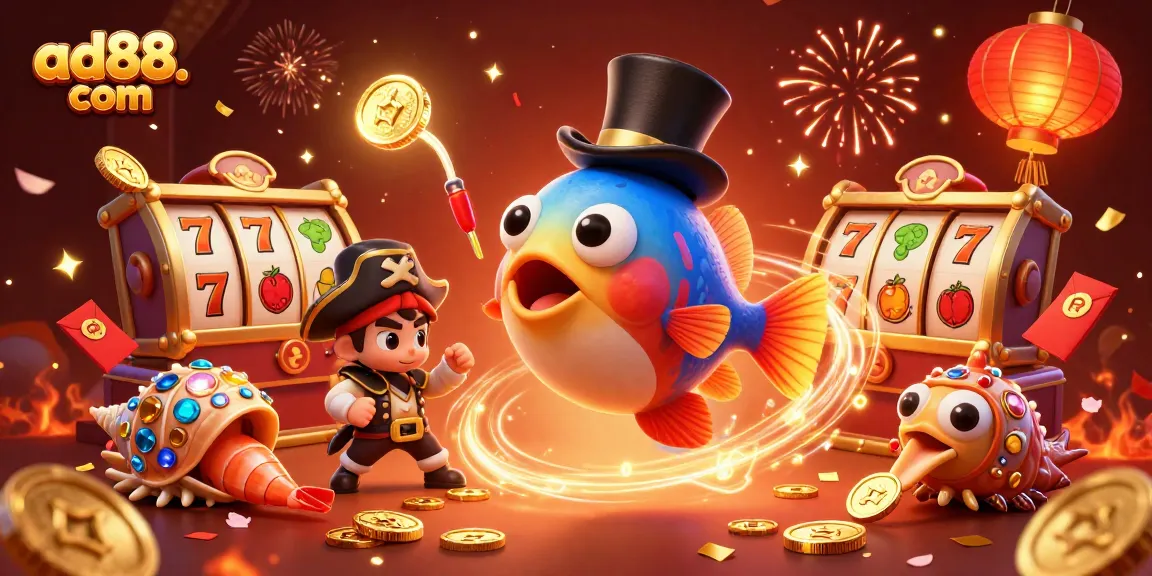 Join the fun at ad88. com with a vivid 3D cartoon scene featuring colorful casino characters.