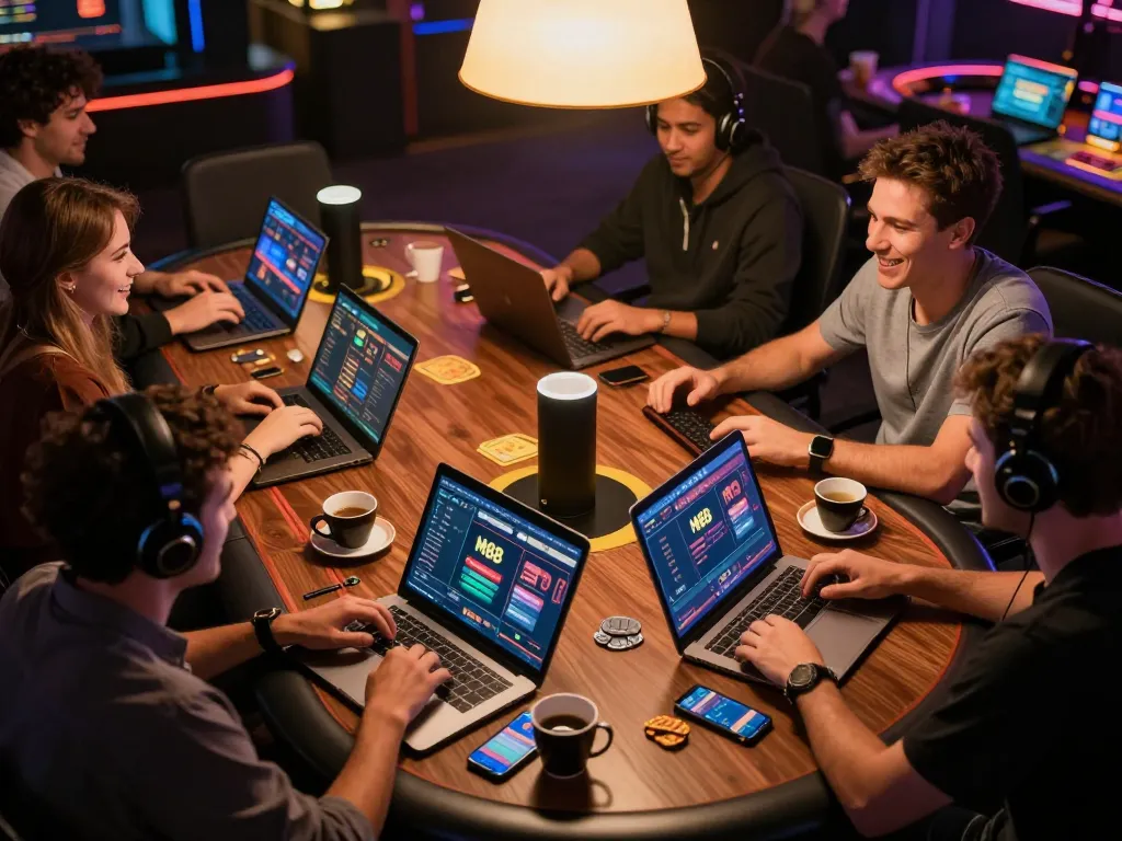 Engaged players using https://www.mnm88.com/ for online casino gaming in a cozy atmosphere.